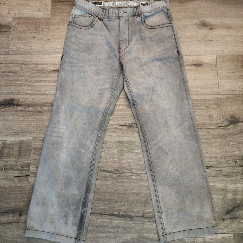 Al Wissam Jeans Mens 36 Gray Embroidered Back Pocket Straight Leg Denim Pants